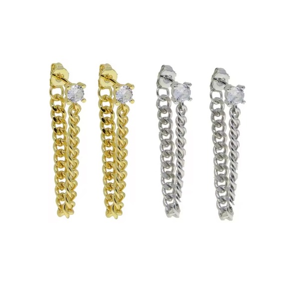 Solitaire Curb Chain Drop Earrings | White Gold Filled - Picture 4 of 7